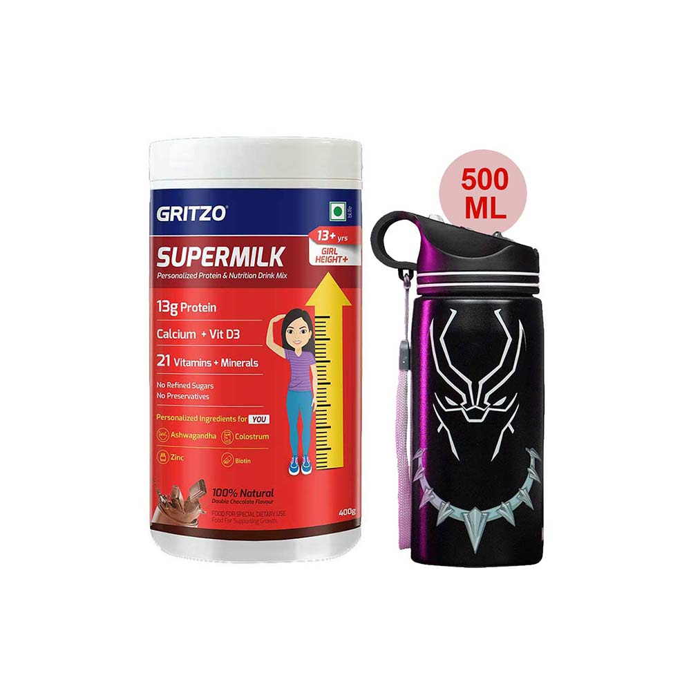 Supermilk Height+ for Girl 13+ Yrs 400g Double Chocolate and 500ml Black Panther Sipper Combo