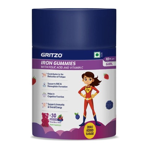 9 - Gritzo Iron Gummies with Folic Acid and Vitamin C for 10+ Years Girls,  30 gummies 