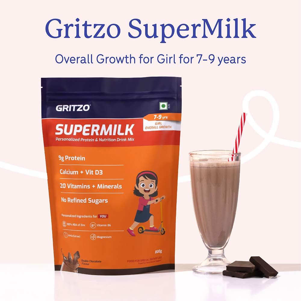 10 - Supermilk Gritzo Overall Growth For 7-9 Yrs Girl Personalized Protein & Nutrition Drink Mix,  800 g  Double Chocolate