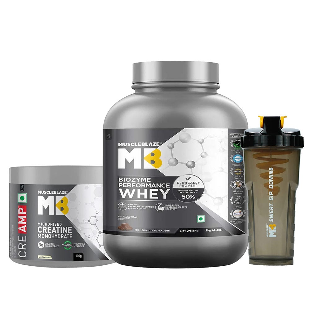 MuscleBlaze Biozyme Performance Whey 2 Kg Rich Chocolate and Creatine CreAMP 100g and Shaker Combo-picture-1