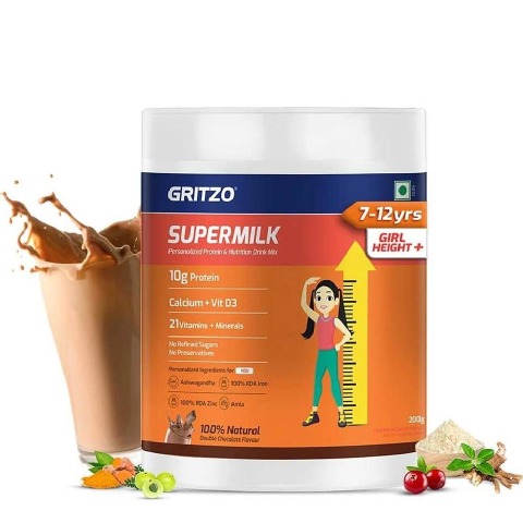 2 - Gritzo Supermilk Height+ for 7-12 Yrs Girls Personalized Protein & Nutrition Drink Mix OP, 200 g Double Chocolate