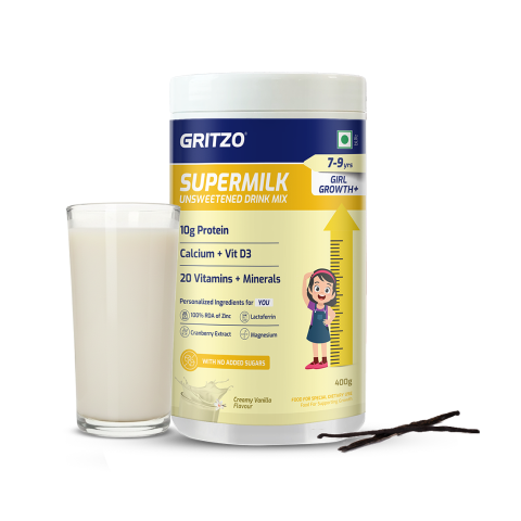1 - Supermilk Gritzo Height+ Unsweetened for Girl 7 to 12 Years,  400 g  Creamy Vanilla 