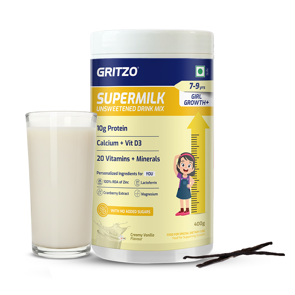 1 - Supermilk Gritzo Height+ Unsweetened for Girl 7 to 12 Years,  400 g  Creamy Vanilla 