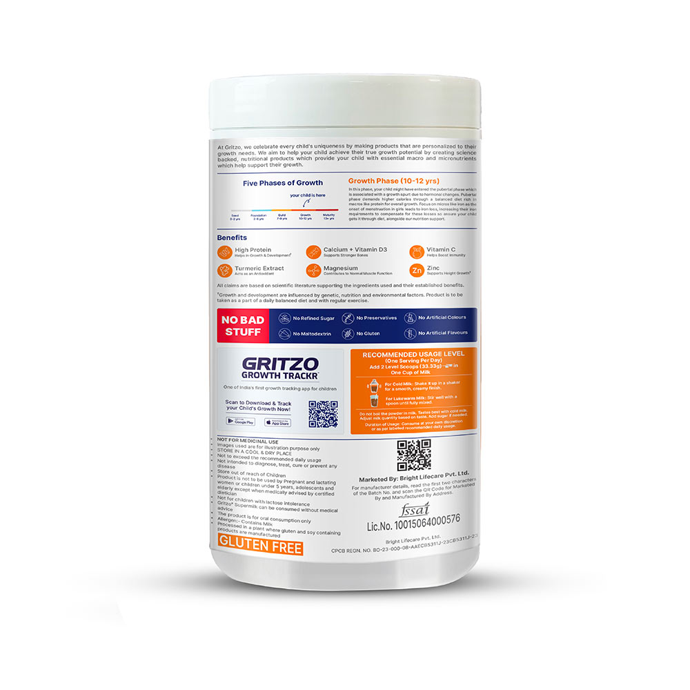 8 - Supermilk Gritzo Overall Growth for 7-12 Yrs Girls Protein & Nutrition Drink Mix,  400 g  Double Chocolate