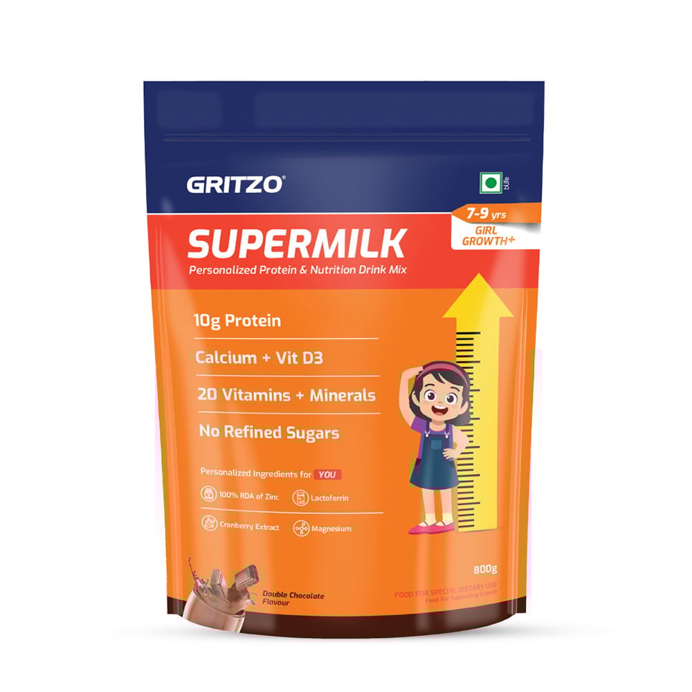 10 - Supermilk Gritzo Height+ for 7-12 Yrs Girls Personalized Protein & Nutrition Drink Mix,  800 g  Double Chocolate 