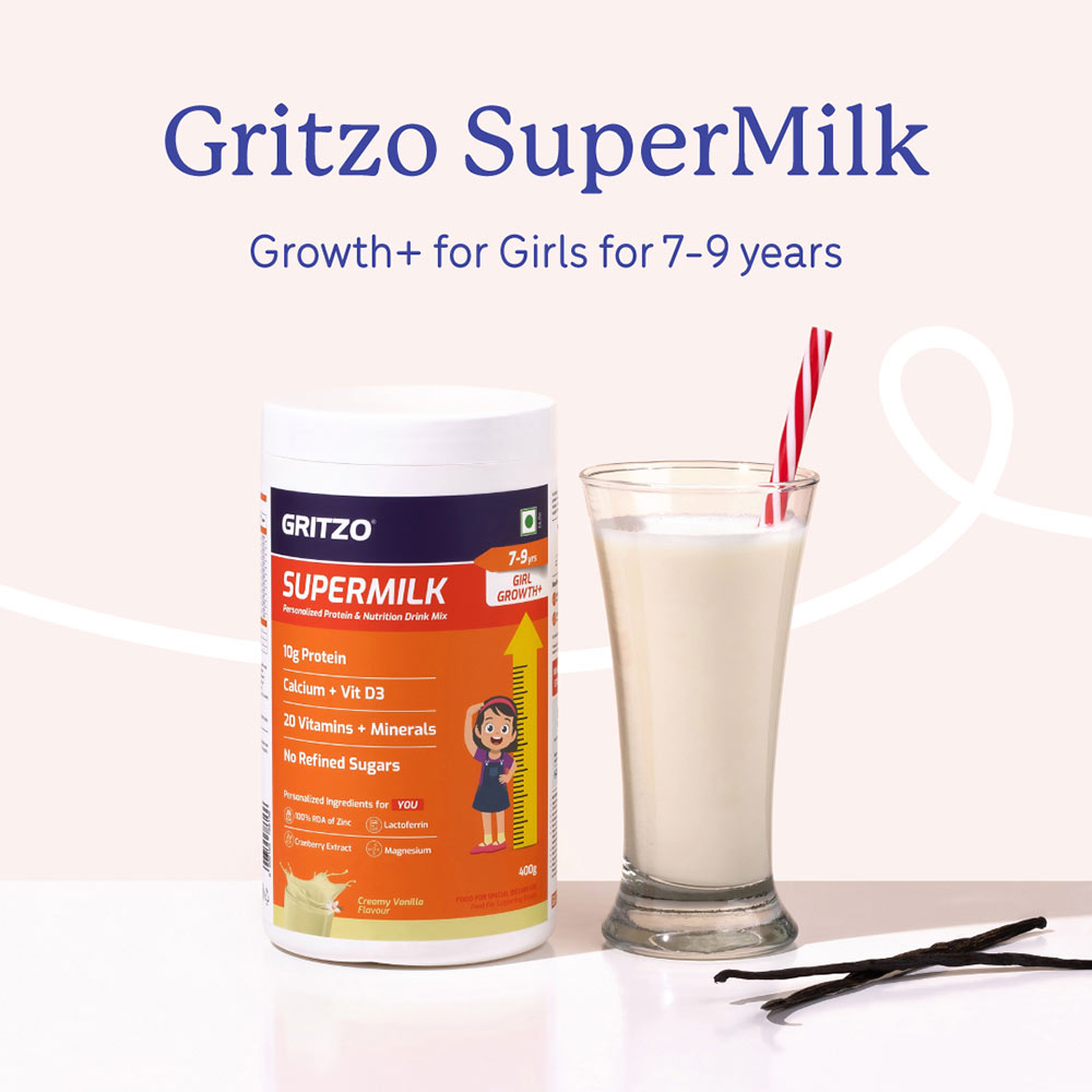 2 - Supermilk Gritzo Height+ for 7-12 Yrs Girls Personalized Protein & Nutrition Drink Mix,  400 g  Creamy Vanilla