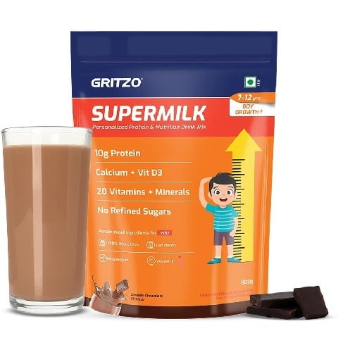 1 - Supermilk Gritzo Height+ for Boy 7-12 Yrs Personalized Protein & Nutrition Drink Mix,  800 g  Double Chocolate 