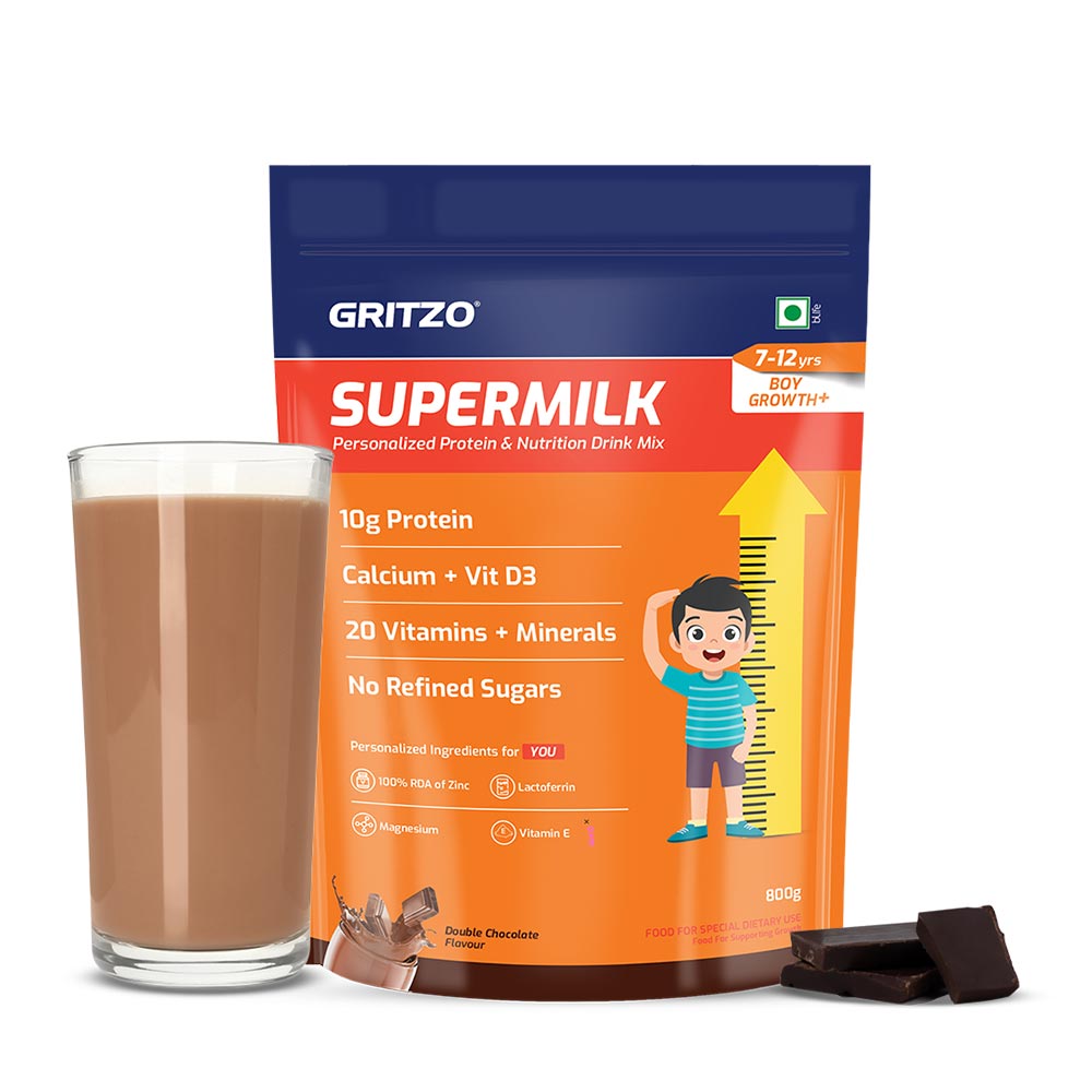 1 - Supermilk Gritzo Height+ for Boy 7-12 Yrs Personalized Protein & Nutrition Drink Mix,  800 g  Double Chocolate 