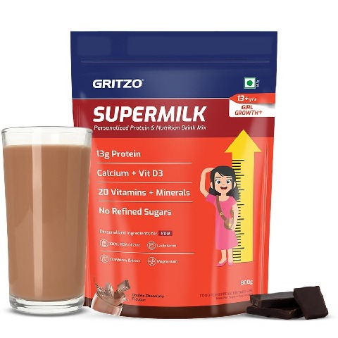 1 - Supermilk Gritzo Height+ for 13+ Yrs Girls Personalized Protein & Nutrition Drink Mix, 800 g Double Chocolate
