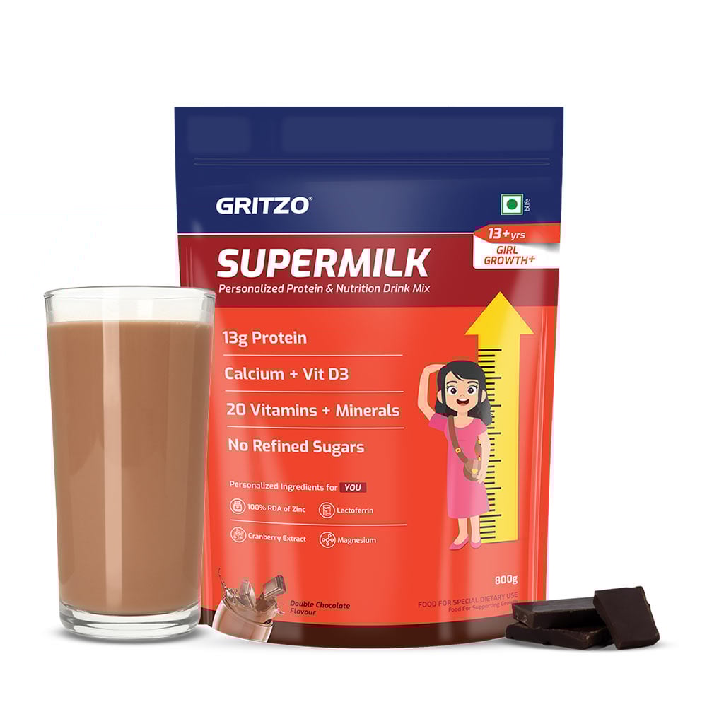 1 - Supermilk Gritzo Height+ for 13+ Yrs Girls Personalized Protein & Nutrition Drink Mix, 800 g Double Chocolate