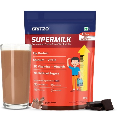 1 - Supermilk Gritzo Height+ for 13+ Yrs Boys Personalized Protein & Nutrition Drink Mix,  800 g  Double Chocolate 