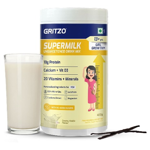 1 - Supermilk Gritzo Height+ Unsweetened for Girl 13+ Years,  400 g  Creamy Vanilla 