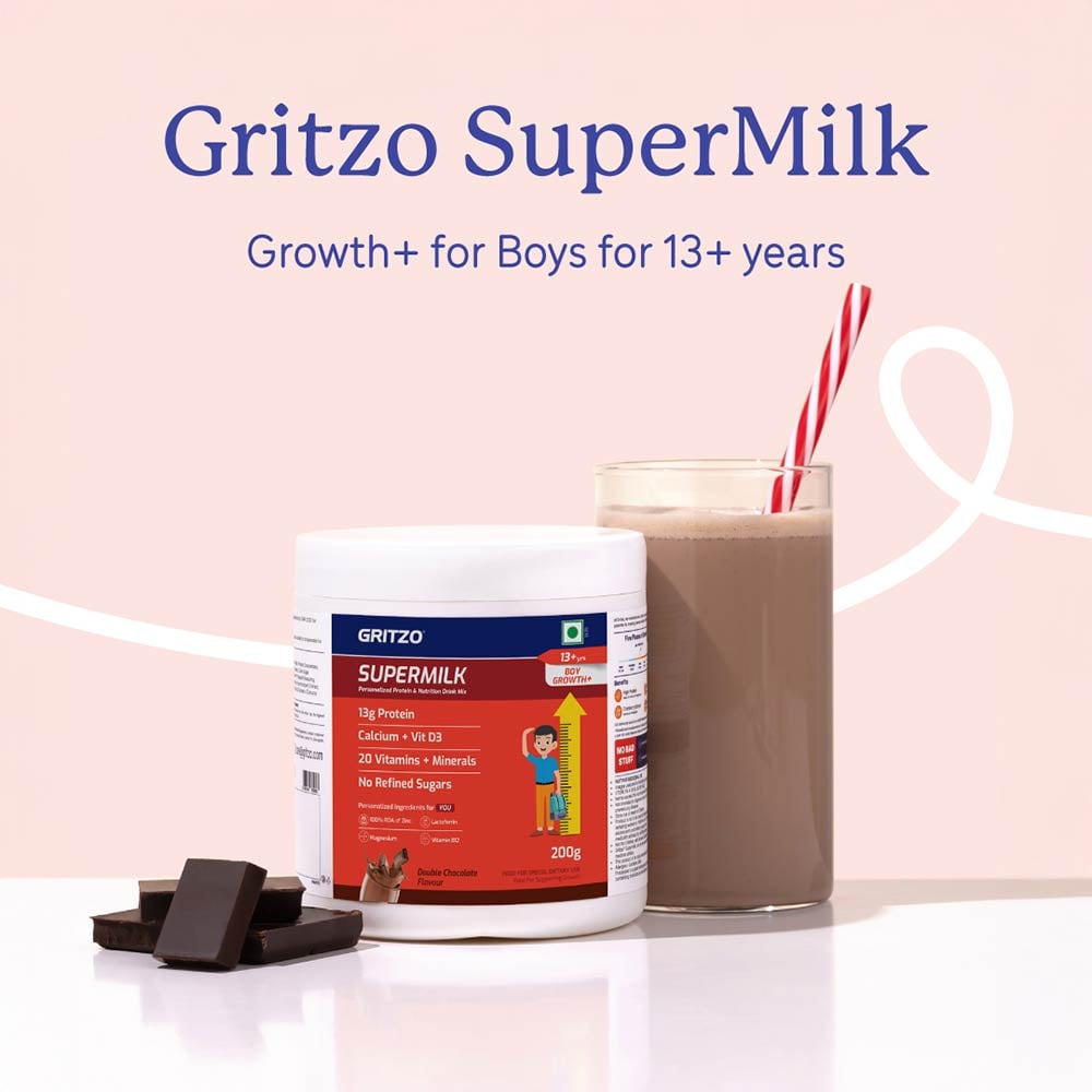 6 - Supermilk Gritzo Height+ for 13+ Yrs Boys Personalized Protein & Nutrition Drink Mix,  200 g  Double Chocolate