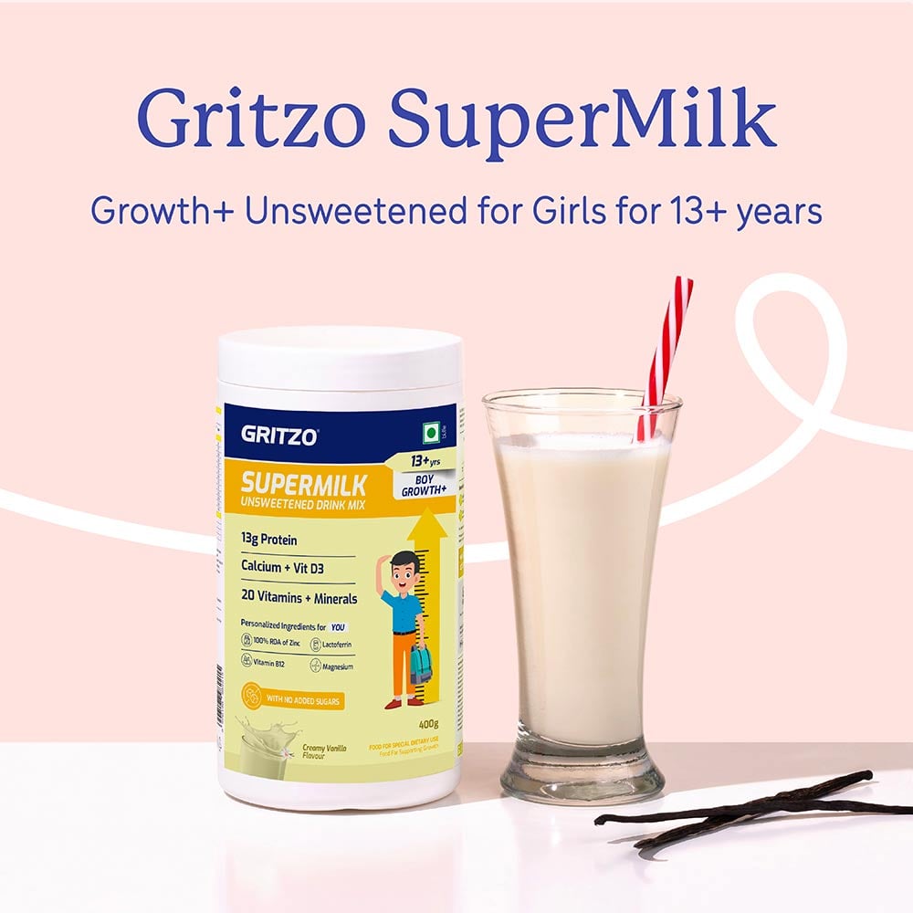 2 - Supermilk Gritzo Height+ Unsweetened for Boy 13+ Years,  400 g  Creamy Vanilla