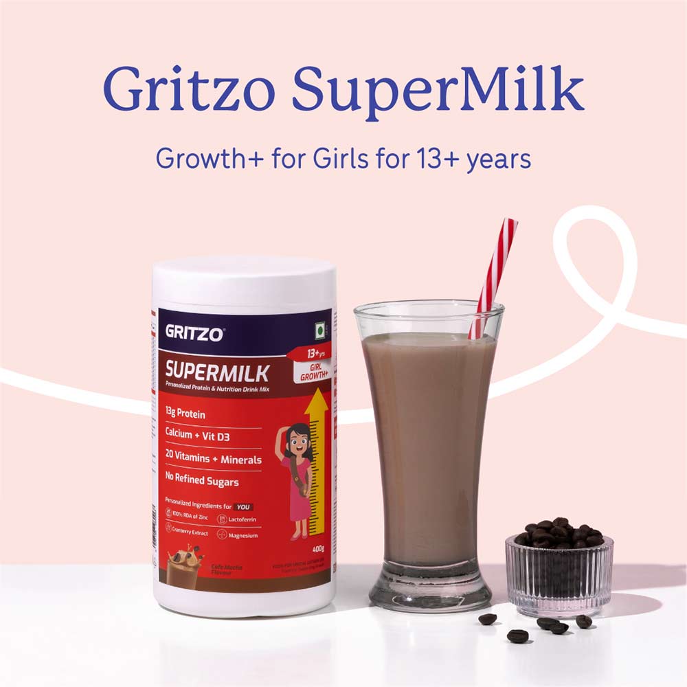 4 - Supermilk Gritzo Height+ for 13+ Yrs Girls Personalized Protein & Nutrition Drink Mix,  400 g  Cafe Mocha