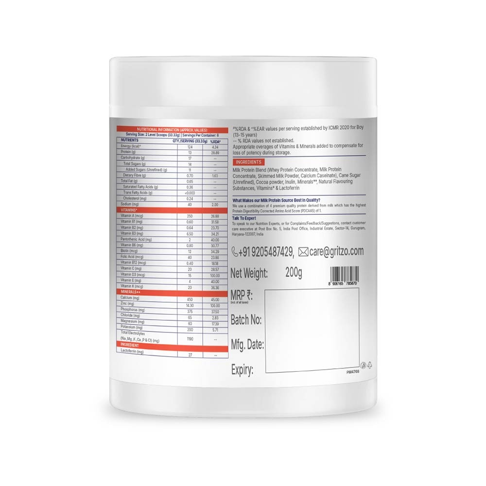 3 - Supermilk Gritzo Height+ for 13+ Yrs Boys Personalized Protein & Nutrition Drink Mix,  200 g  Double Chocolate