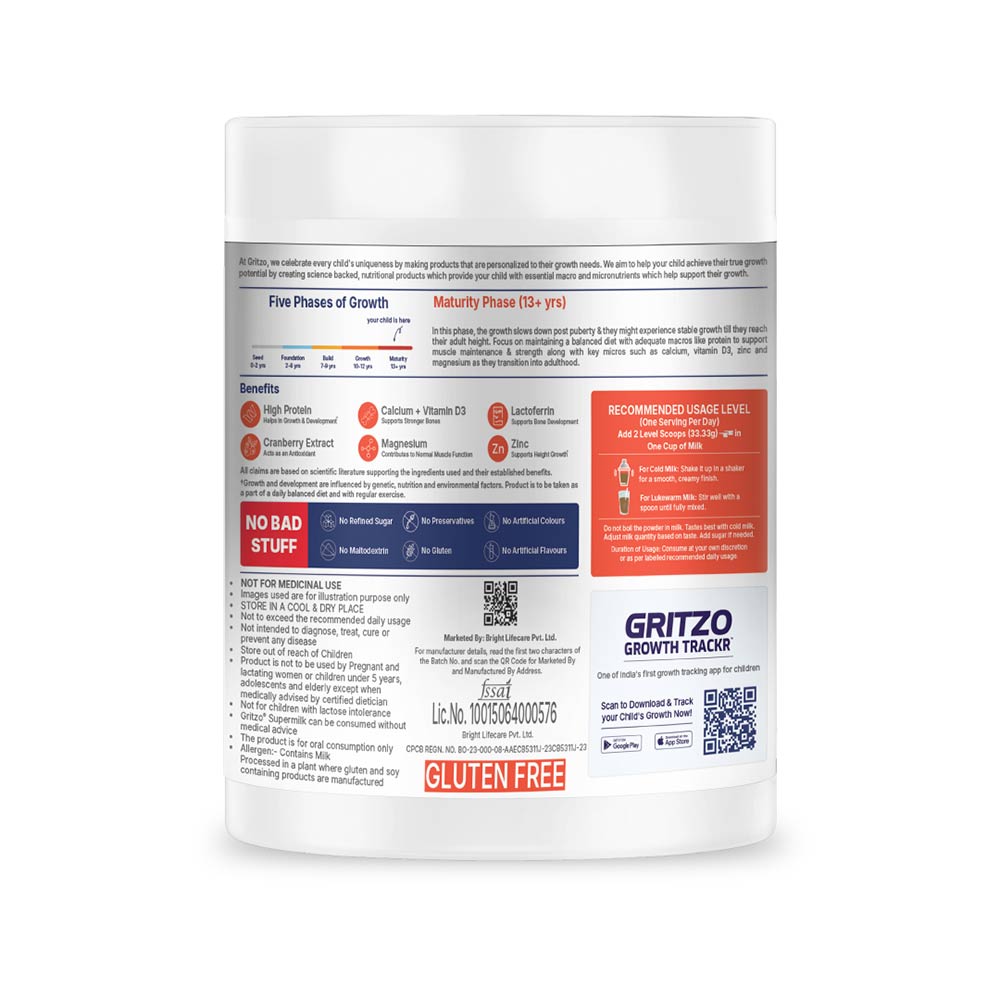 1 - Supermilk Gritzo Height+ for 13+ Yrs Girls Personalized Protein & Nutrition Drink Mix,  200 g  Double Chocolate