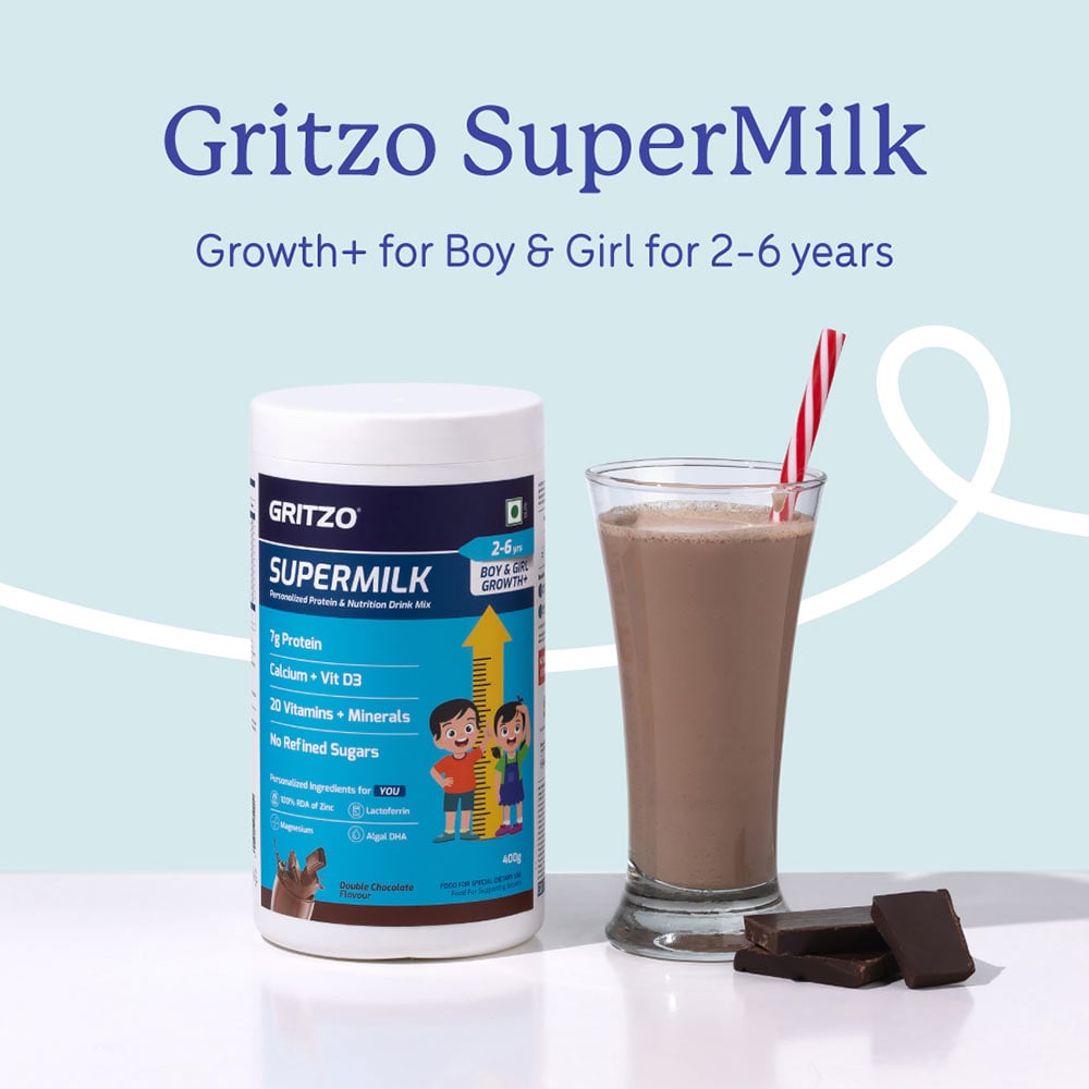 2 - Supermilk Gritzo Height+ for Boy/Girl 2-6 Yrs Personalized Protein & Nutrition Drink Mix, 400 g Double Chocolate