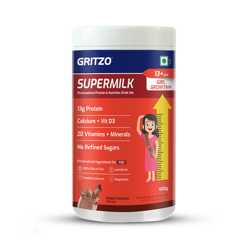 Supermilk Growth+(Formerly Height+) for Girl 13+ years,  400 g  Double Chocolate  13+ Yrs  Girl  Growth+(Formerly Height+)  With Unrefined Sugar 