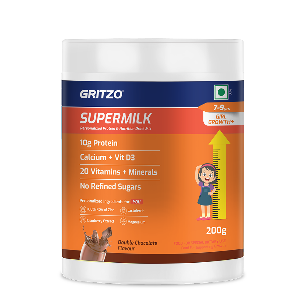 Supermilk Growth+(Formerly Height+) for Girl 7 to 9 years, 200 g Double Chocolate 7-9 Yrs Girl Growth+(Formerly Height+) With Unrefined Sugar