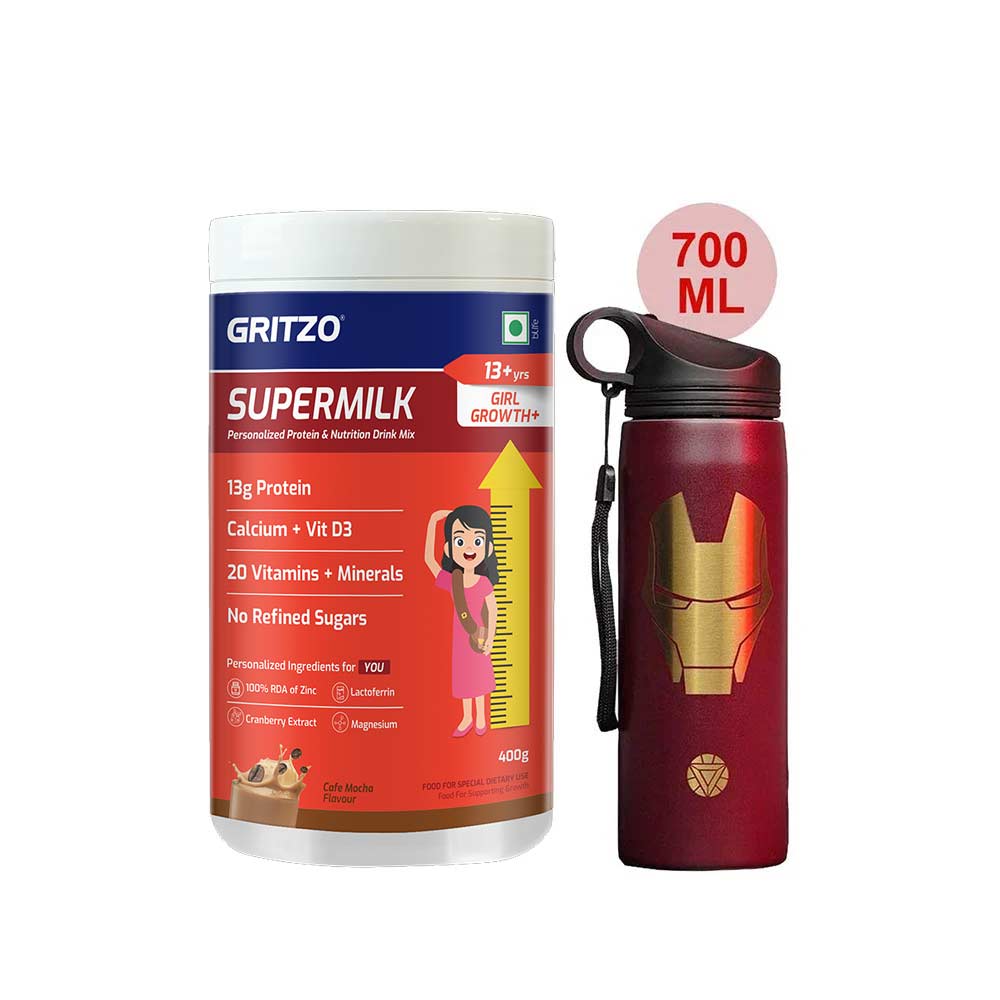 Supermilk Growth+ for Girl 13+ Yrs 400g Cafe Mocha and 700ml Iron Man Sipper Combo