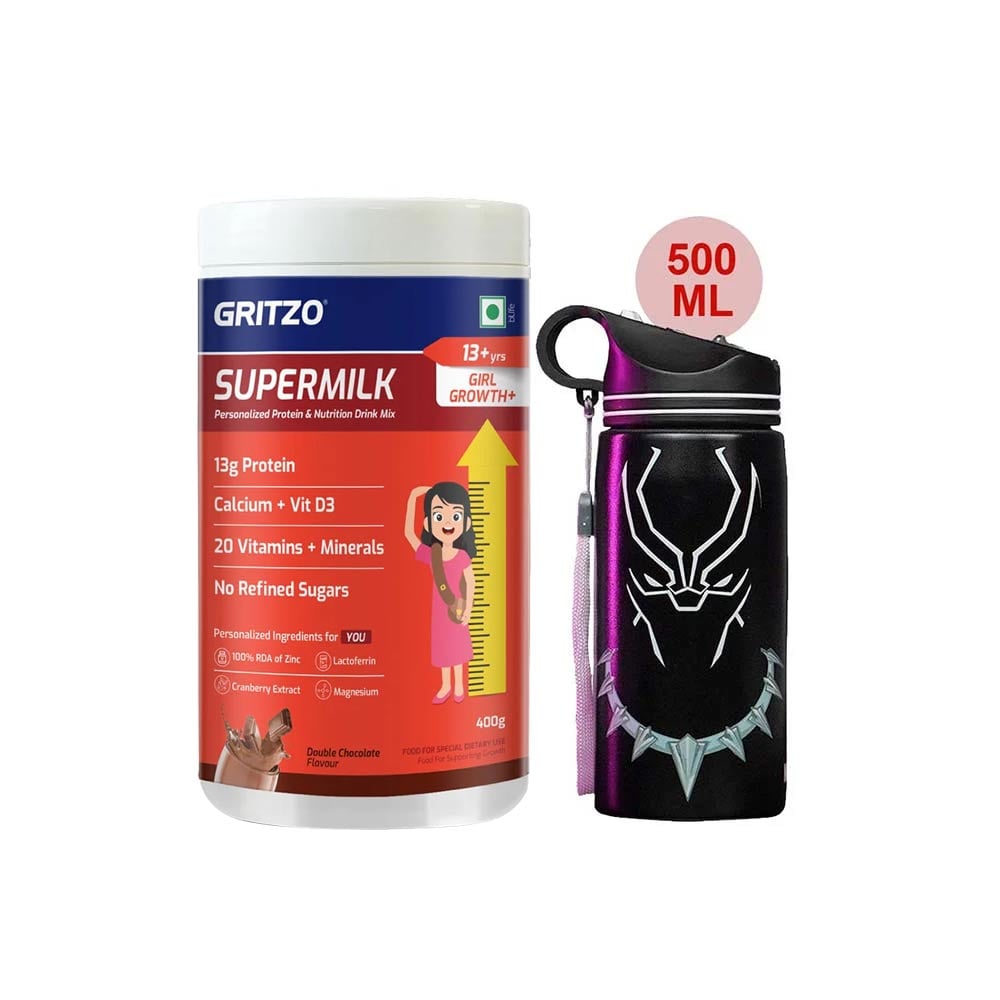Supermilk Growth+ for Girl 13+ Yrs 400g Double Chocolate and 500ml Black Panther Sipper Combo