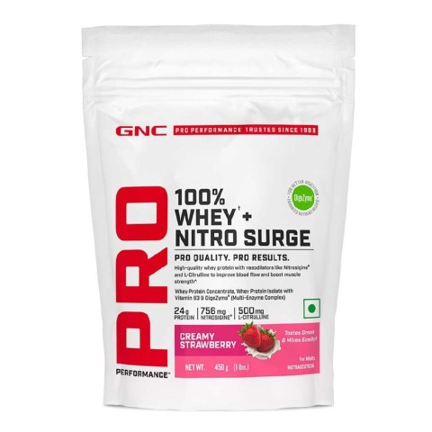 1 - GNC Pro Performance 100% Whey + Nitro Surge,  1 lb  Creamy Strawberry 