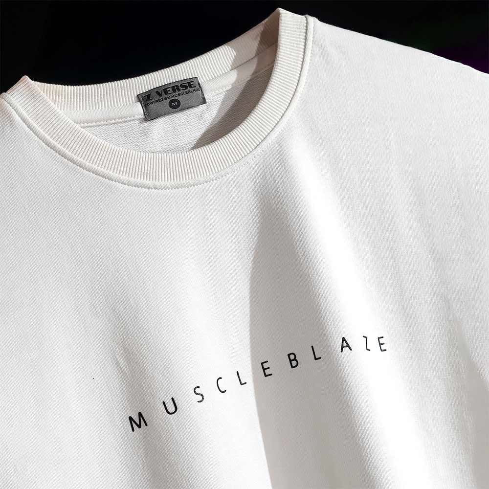 4 - MuscleBlaze Natty But Tasty Oversized Solid T-Shirt,  Small  White