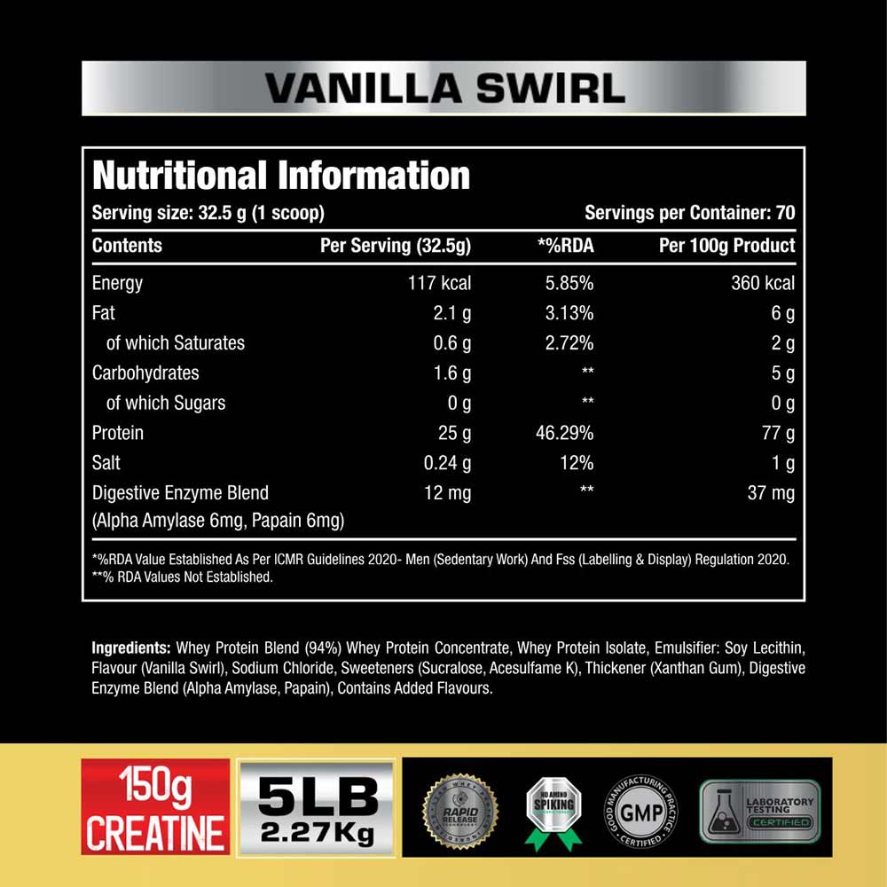 One Science 100% Premium Whey Protein,  5 lb  Vanilla Swirl - with Free 150g Creatine 