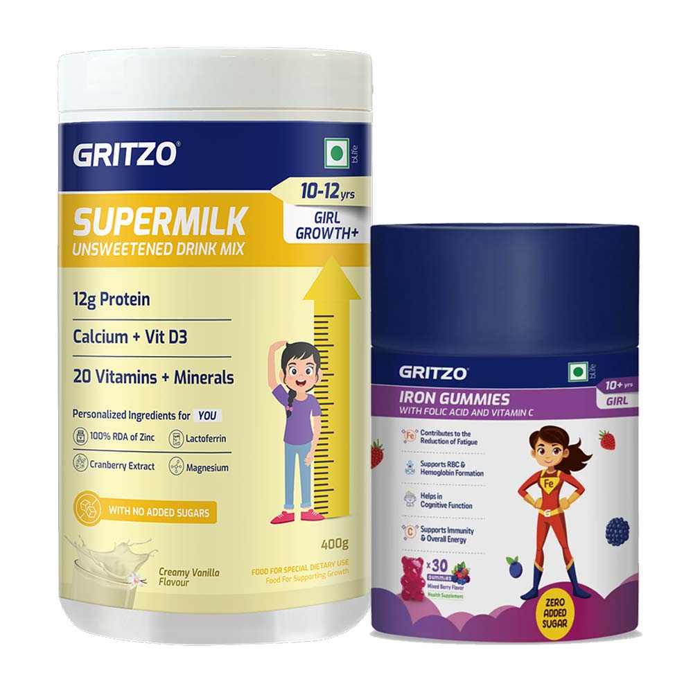 Supermilk Growth+ Unsweetened 400g Creamy Vanilla for 10 to 12 Yrs Girl & Iron Gummies Combo