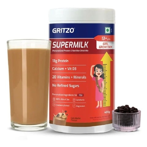 1 - Supermilk Gritzo Height+ for 13+ Yrs Girls Personalized Protein & Nutrition Drink Mix OP,  400 g  Cafe Mocha 