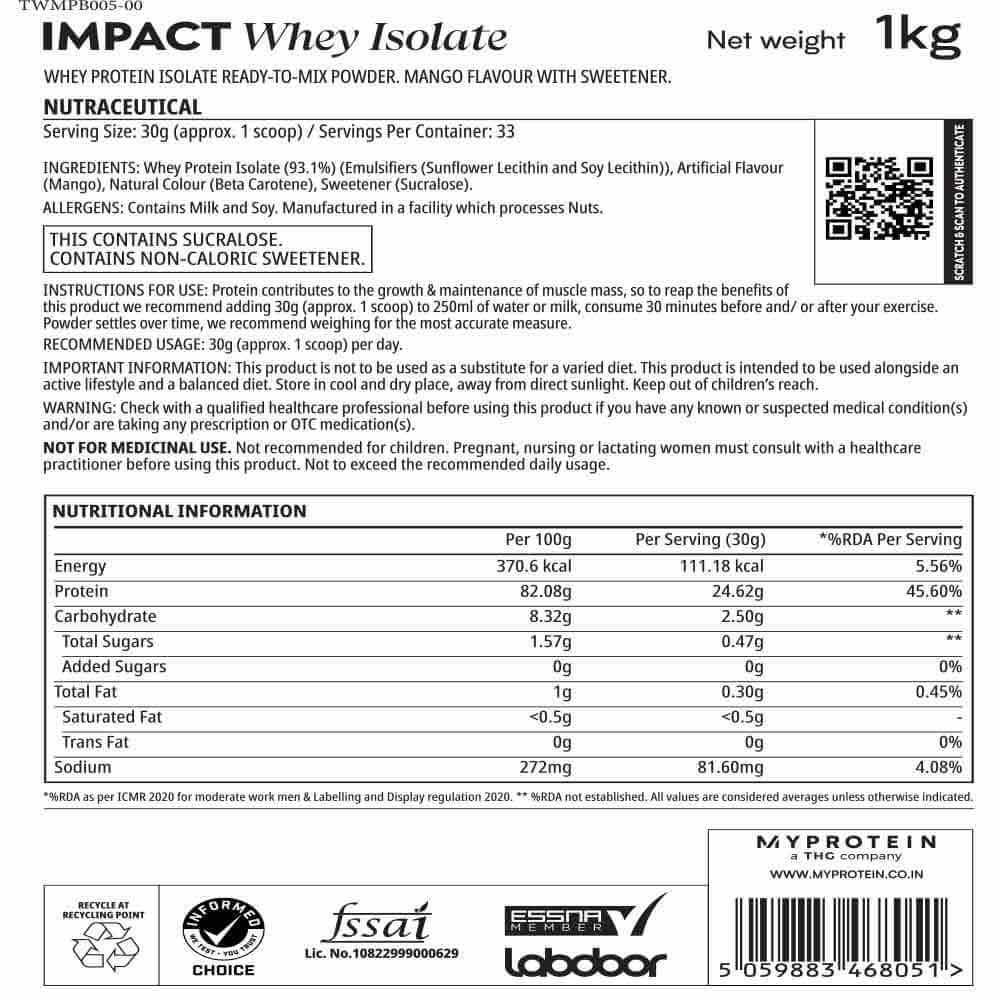 4 - Myprotein Impact Whey Isolate 2.2 lb Mango & Impact Creatine,  0.55 lb  Unflavoured with Shaker 600 ml White 