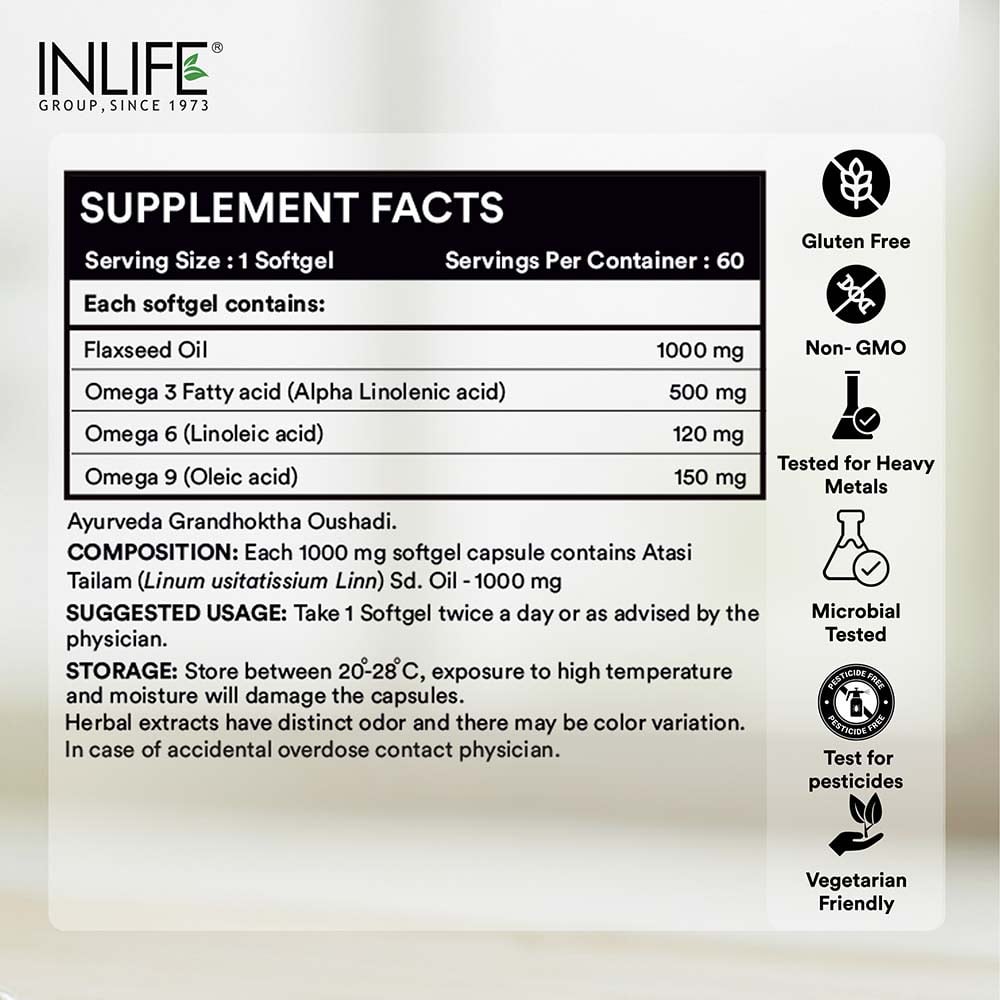 6 - INLIFE Extra Virgin Cold Pressed Flaxseed Oil 1000mg with Omega 3 6 9,  60 softgels 