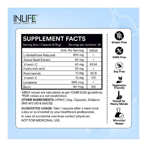 INLIFE Glutathione Reduced with Vitamin C, Milk Thistle, Unflavoured 30 veggie capsule(s)