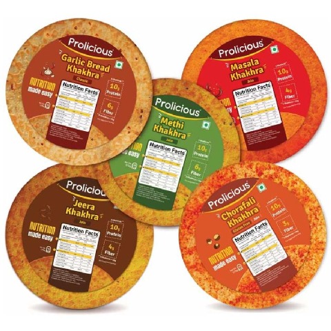 4 - Prolicious Classic Khakhra Combo, Methi, Masala, Jeera, Garlic Bread & Chorafali (Pack of 5) 170 g
