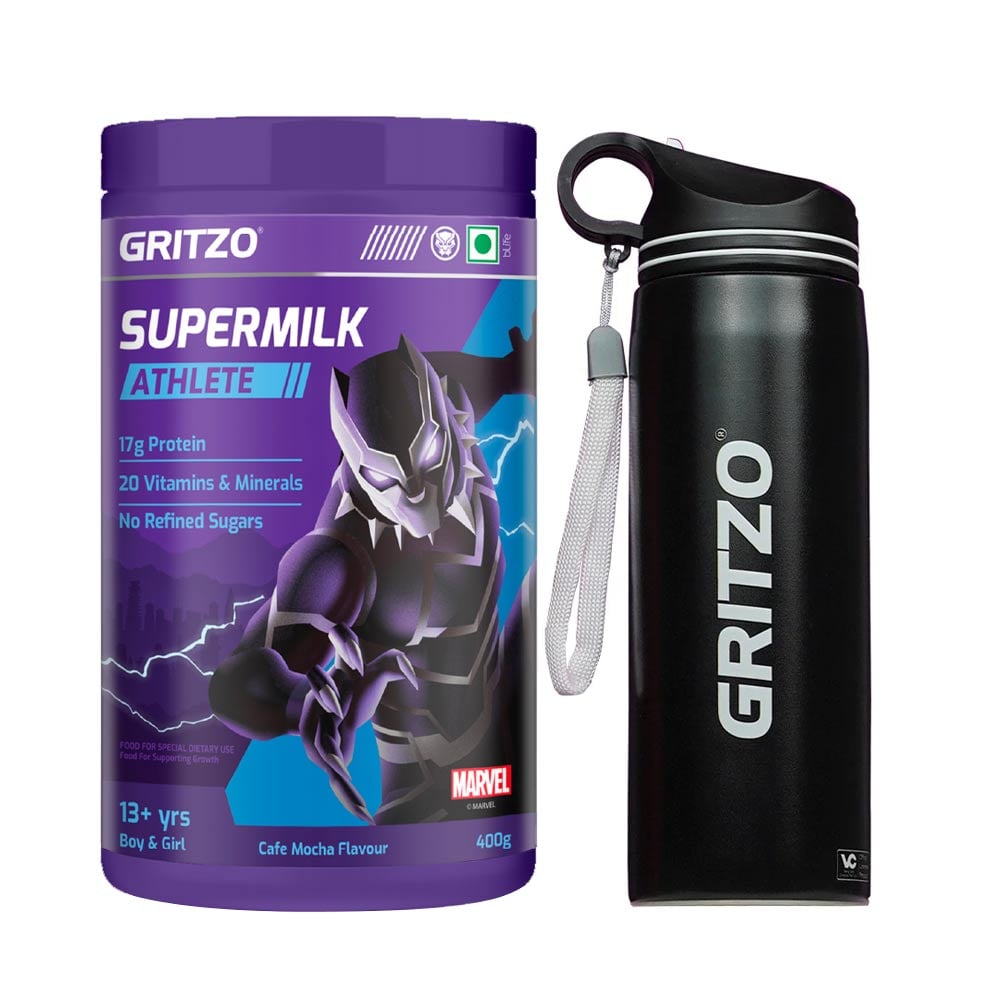 Supermilk Athlete 13+ Yrs Boy/Girl 400 g Cafe Mocha and 700ml Black Panther Sipper Combo