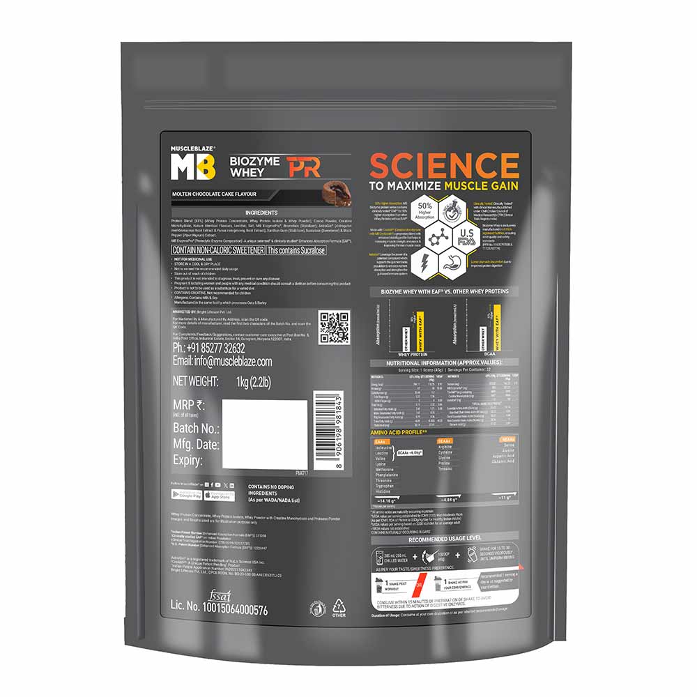 1 - MuscleBlaze Biozyme Whey PR,  2.2 lb  Refill Pouch Molten Chocolate Cake