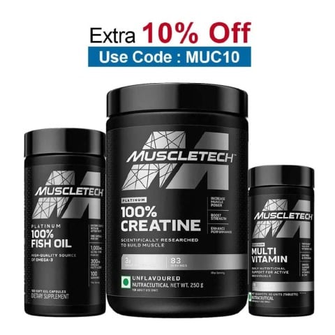 MuscleTech Platinum 100% Creatine Unflavoured 0.55 lb, Platinum100% Fish Oil 100 softgels & Platinum Multi Vitamin Combo,  60 tablet(s)  Unflavoured 
