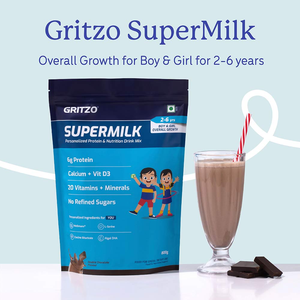 2 - Supermilk Gritzo Overall Growth for Boy/Girl 2-6 Yrs Protein & Nutrition Drink Mix,  800 g  Double Chocolate