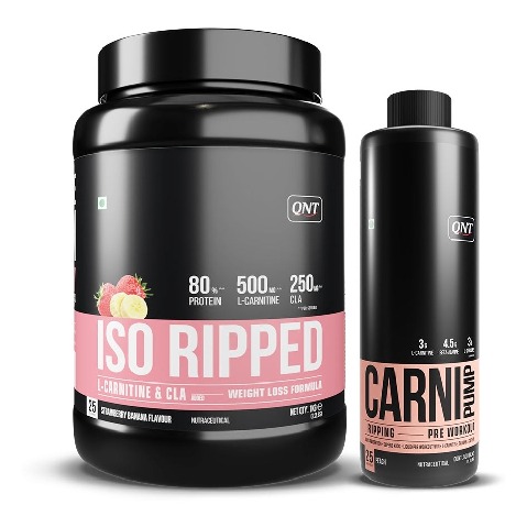 QNT ISO Ripped & Carnipump Ripping Pre-workout 500 ml Peach Combo, 2.2 lb Strawberry Banana