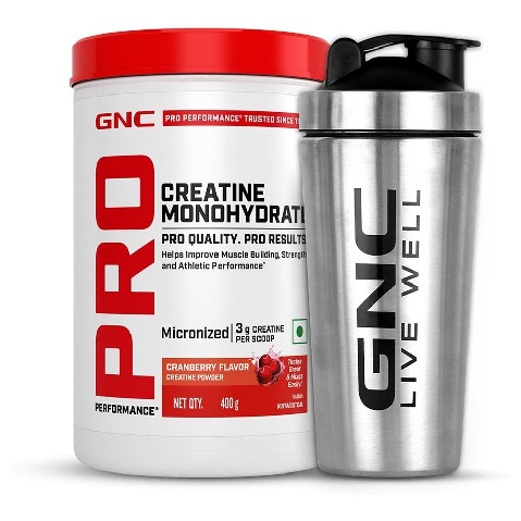 1 - GNC Pro Performance Pure Micronized Creatine Monohydrate, Cranberry with Steel Shaker 750ml 0.88 lb