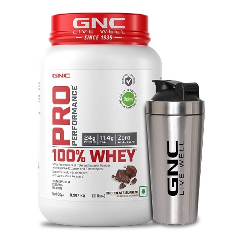 1 - GNC Pro Performance 100% Whey Protein, 2 lb Chocolate Supreme with Steel Shaker 750ml Combo