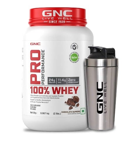 1 - GNC Pro Performance 100% Whey Protein & Steel Shaker Silver 750ml Combo, 2 lb Chocolate Supreme