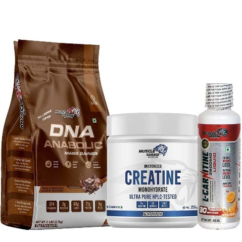 1 - Muscle Garage DNA Anabolic Mass Gainer 6lb Chocolate & L-Carnitine 3500mg Liquid 450ml Orange Blast with Creatine Combo,  0.55 lb  Unflavoured 