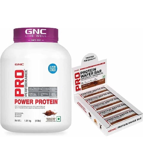 GNC Pro Performance Power Protein 4 lb Double Rich Chocolate & Pro Performance Protein Wafer Bar 10 Bars Chocolate