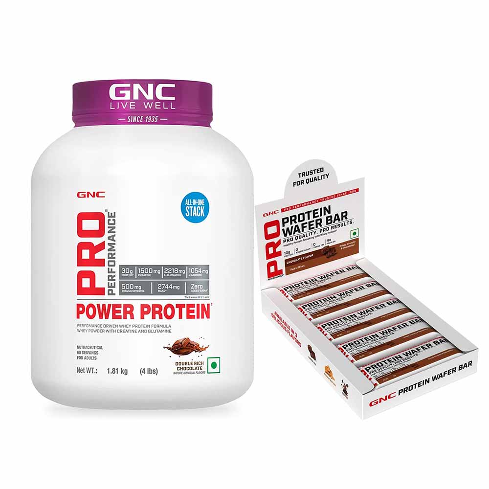 GNC Pro Performance Power Protein 4 lb Double Rich Chocolate & Pro Performance Protein Wafer Bar 10 Bars Chocolate-image-46