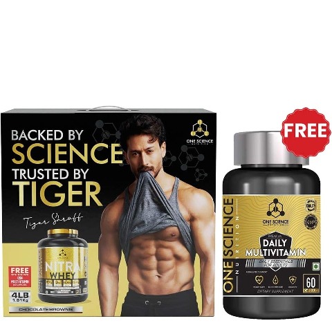 One Science Nitra Whey Tiger Combo Pack,  4 lb  Chocolate Brownie with Daily Multivitamin 60 Capsules 