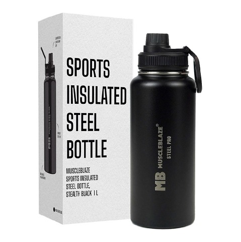 MuscleBlaze Sports Insulated Steel Bottle,  Stealth Black  1 L 