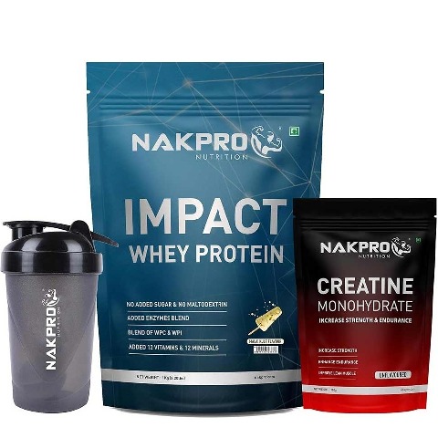 1 - Nakpro Impact Whey Protein 2.2 lb & Creatine Monohydrate 0.22 lb Combo, 3 Piece(s)/Pack Malai Kulfi & Unflavoured (with Shaker)