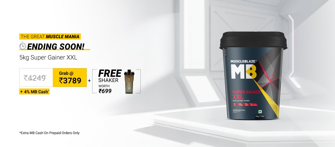 Ending Soon: 5kg Super Gainer Chocolate @ 3789 + Free Shaker + 4% MB Cash
